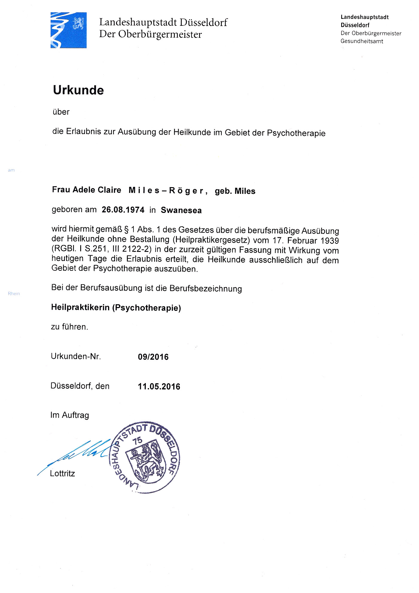 Urkunde über die Erlaubnis zur Ausübung der Heilkunde im Gebiet der Psychotherapie - Adele Miles-Röger